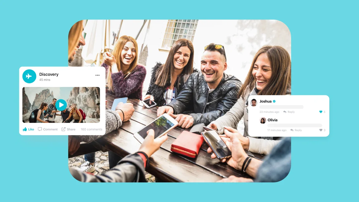 App users looking at a smartphone together with an in-app community